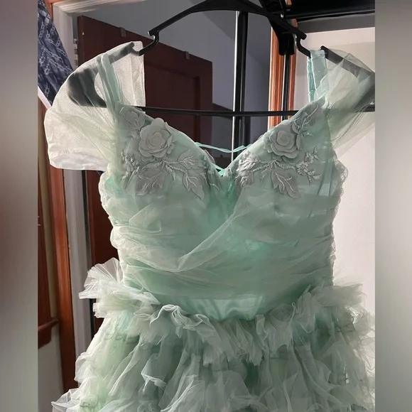Faeriesty Off Shoulder Tulle Layered Dress In Pale Green - Picture 2 of 10
